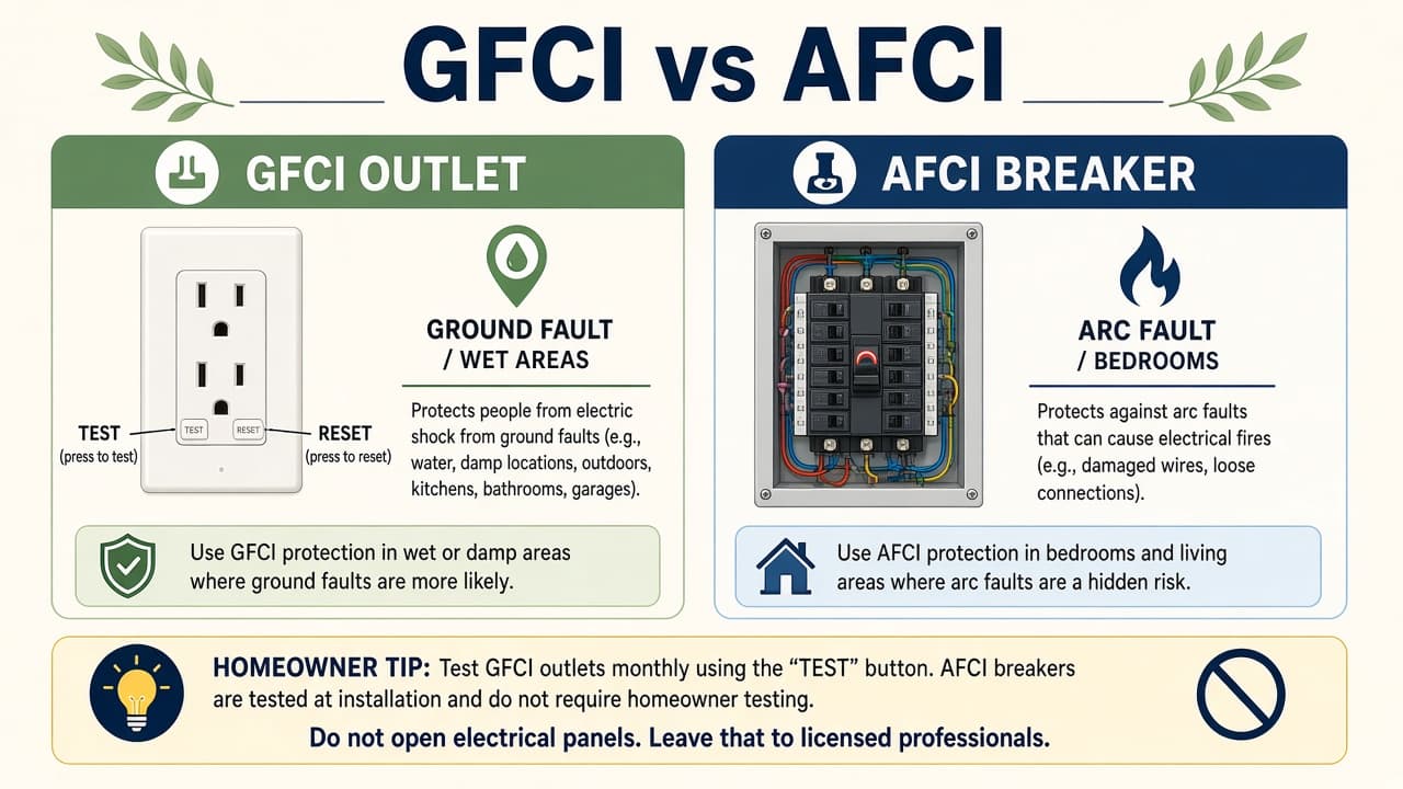Comparison diagram of a GFCI outlet with TEST and RESET buttons versus an AFCI breaker for arc-fault protection