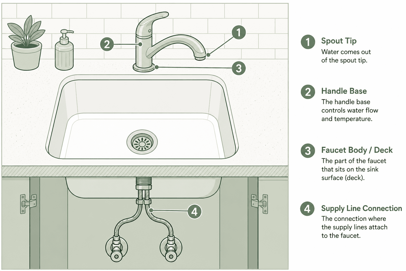 Diagram of a kitchen faucet with labeled leak locations at the spout, handle, base, and supply line