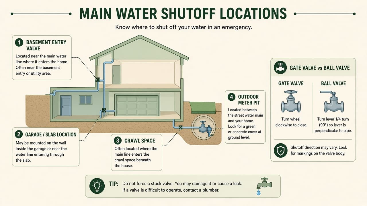 House diagram showing common main water shutoff locations in basement, crawl space, garage or slab, and outdoor meter pit