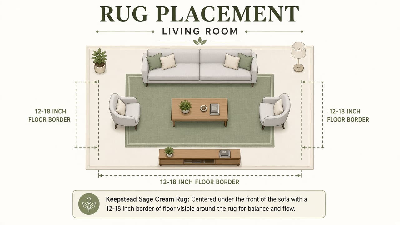 Overhead diagram of a living room rug with sofa front legs on the rug and a sensible floor border around the furniture group