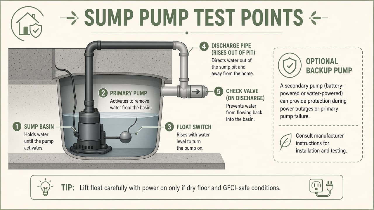 Diagram of a sump pit showing the pump, float switch, discharge pipe, and check valve for a homeowner test