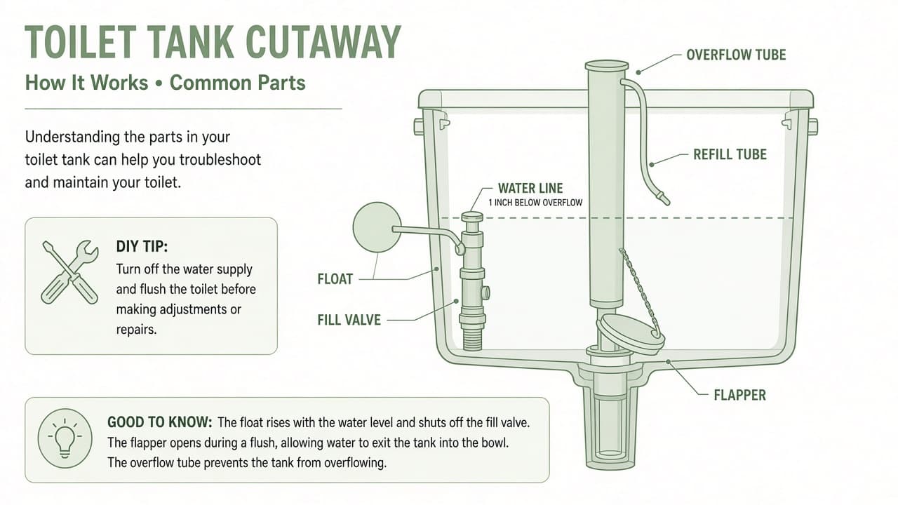 Diagram of a toilet tank labeling the fill valve, float, overflow tube, refill tube, and flapper