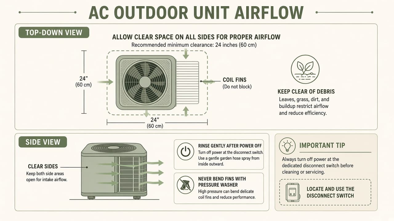 Diagram of an outdoor AC condenser showing coil fins, top fan, clearance space, and gentle rinse after power off