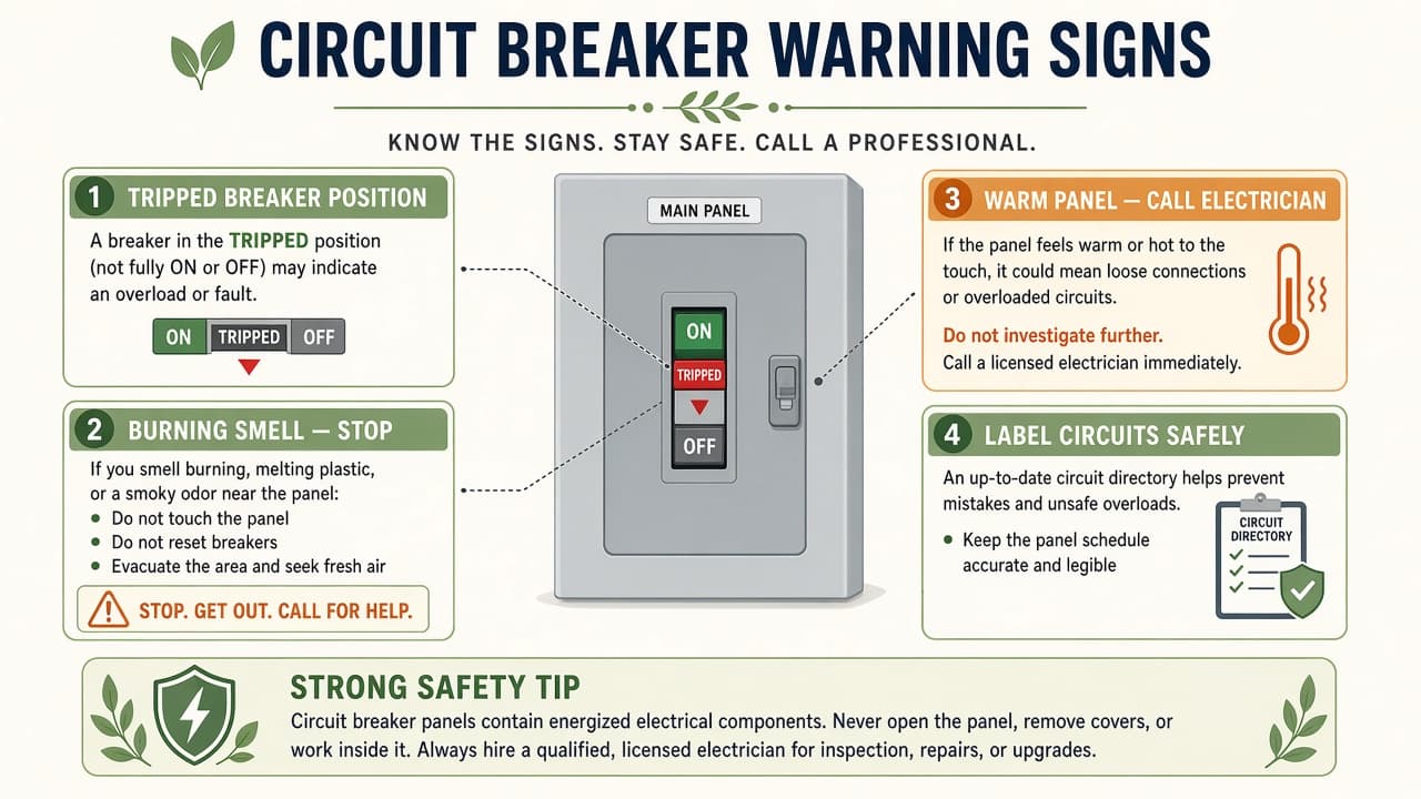 Diagram of a closed electrical panel highlighting tripped breaker position and warning signs that require an electrician