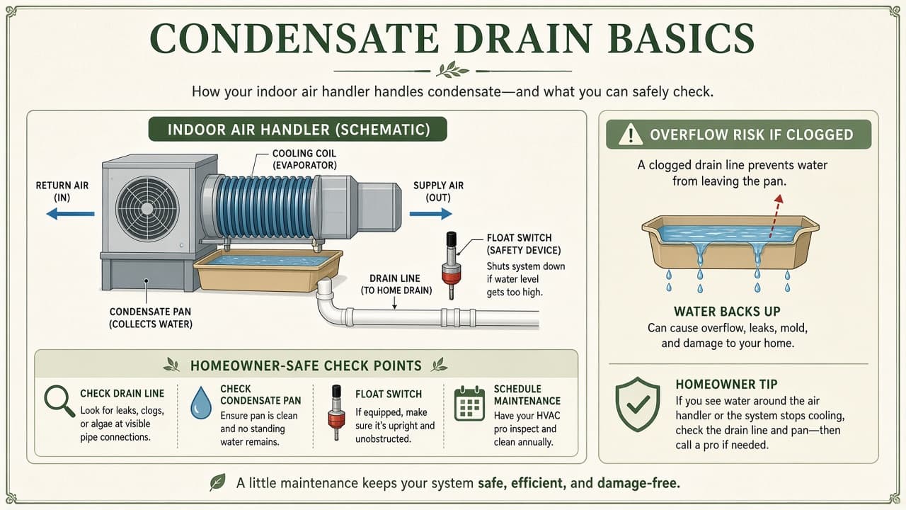 Diagram of an indoor air handler condensate pan, drain line, float switch, and overflow risk if clogged