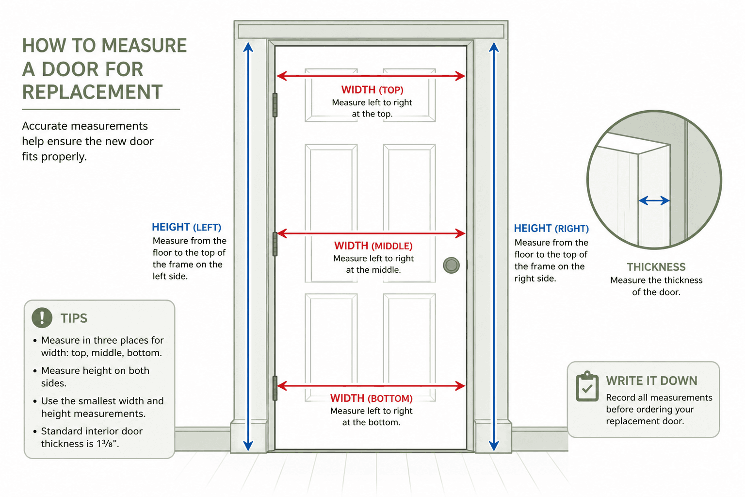 Diagram showing width and height measurement points on a door for replacement ordering