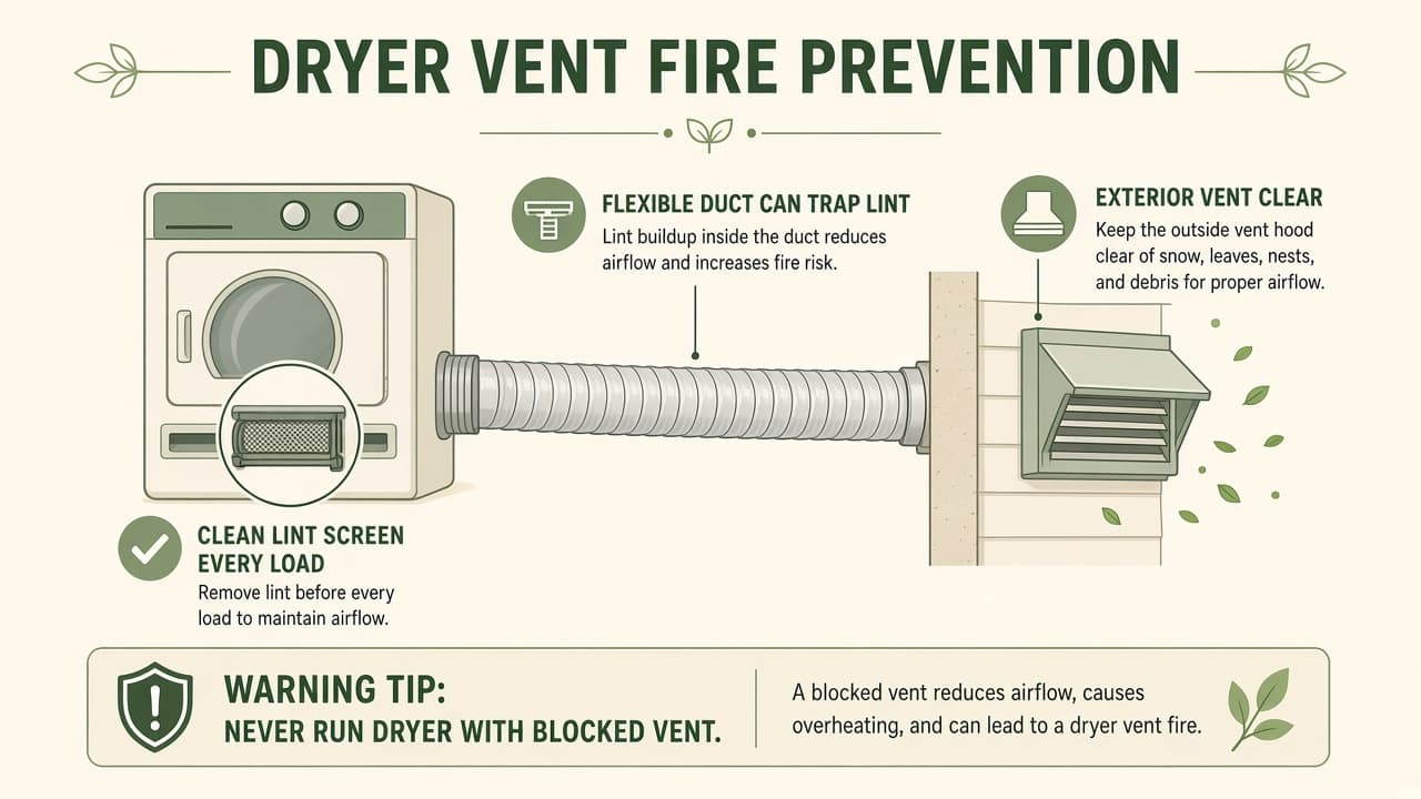 Diagram showing dryer lint screen versus flexible duct and exterior vent for fire-prevention cleaning