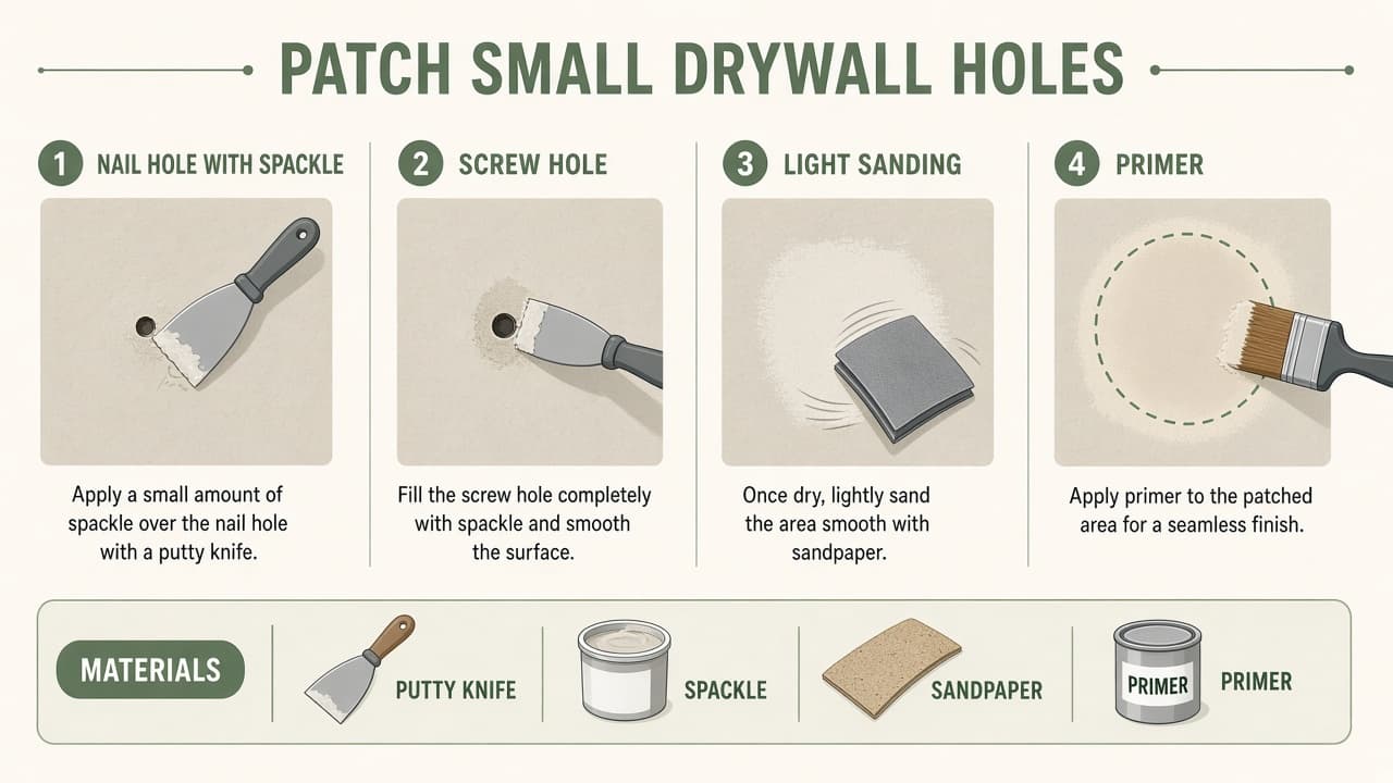 Three-step diagram for patching small drywall holes with spackle, sanding, and primer before paint