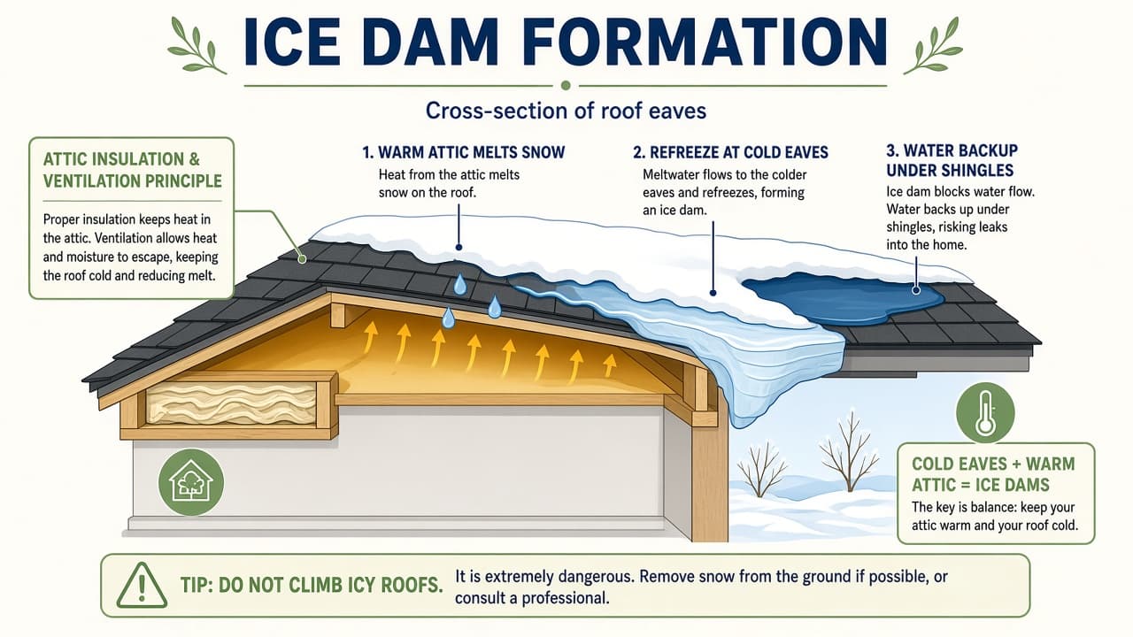 Roof cross-section diagram showing how attic heat melts snow that refreezes at cold eaves into an ice dam