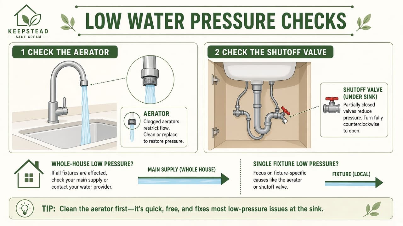 Diagram showing low water pressure checks at the faucet aerator, under-sink shutoffs, and whole-house vs single-fixture paths