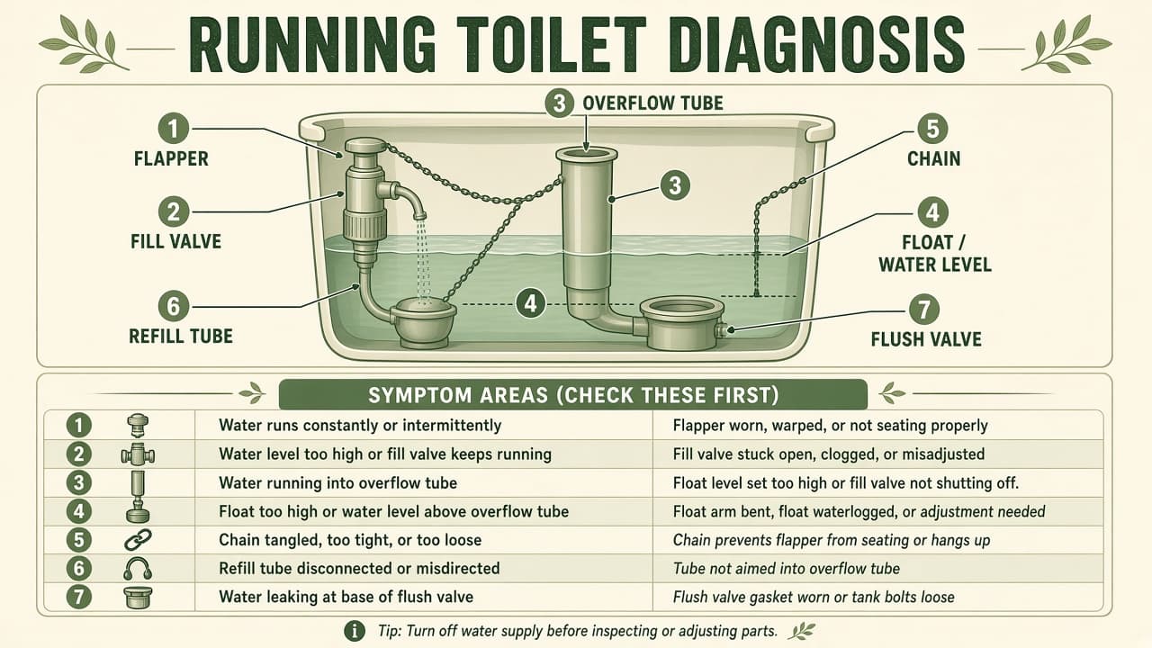 Toilet tank cutaway with numbered diagnosis points for flapper, fill valve, overflow tube, float, chain, and refill tube