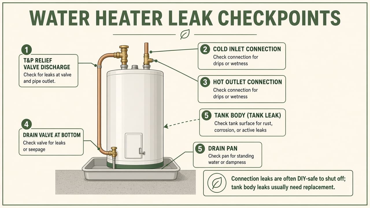 Diagram of a tank water heater with labeled leak checkpoints at T&P valve, inlet and outlet connections, drain valve, and tank body