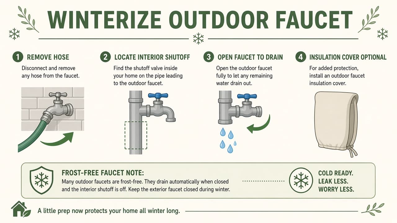 Diagram of outdoor faucet winterizing steps including hose removal, interior shutoff, and draining